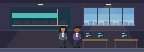 The QA room in the game, drawn in pixels: a score bar on the wall just past its pass mark, and two people in front of it